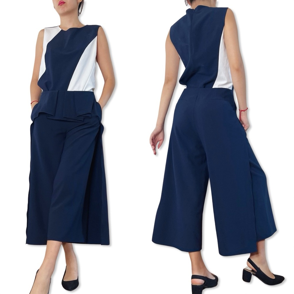 PORTS Navy White Colorblock 2-Piece Wide Leg Pant Set Size 4